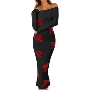 Merokeety Women's Blackrose Off Shoulder Long Sleeve Elegant Bodycon Midi Dress